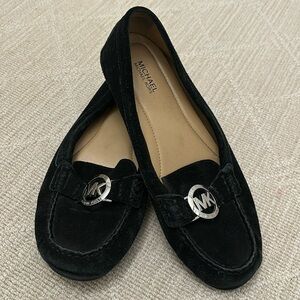 Michael Kors suede loafers, black suede, size 7, silver MK logo